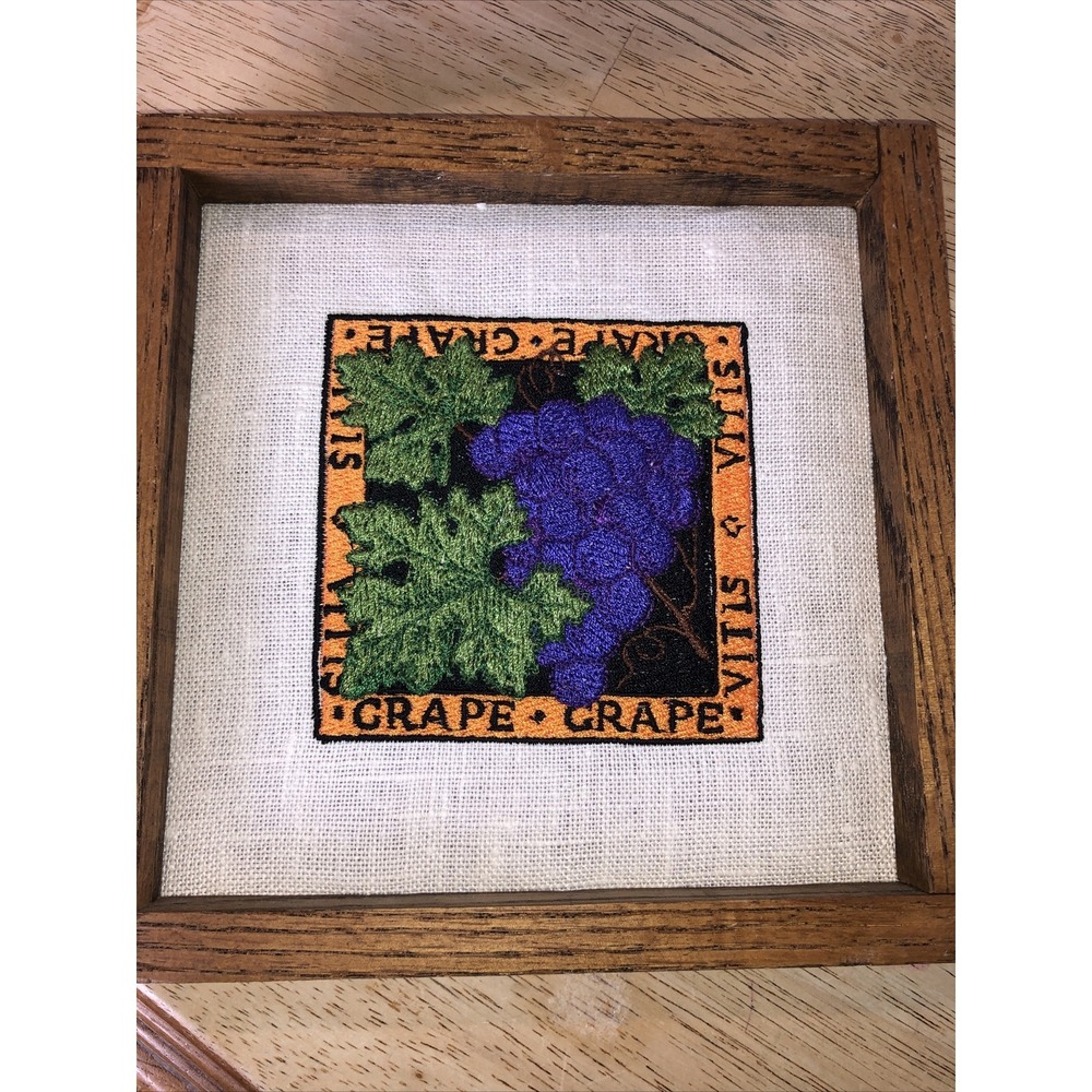 Machine Embroidered Grape Picture‎ On Linen With Wood Frame 6 X 6